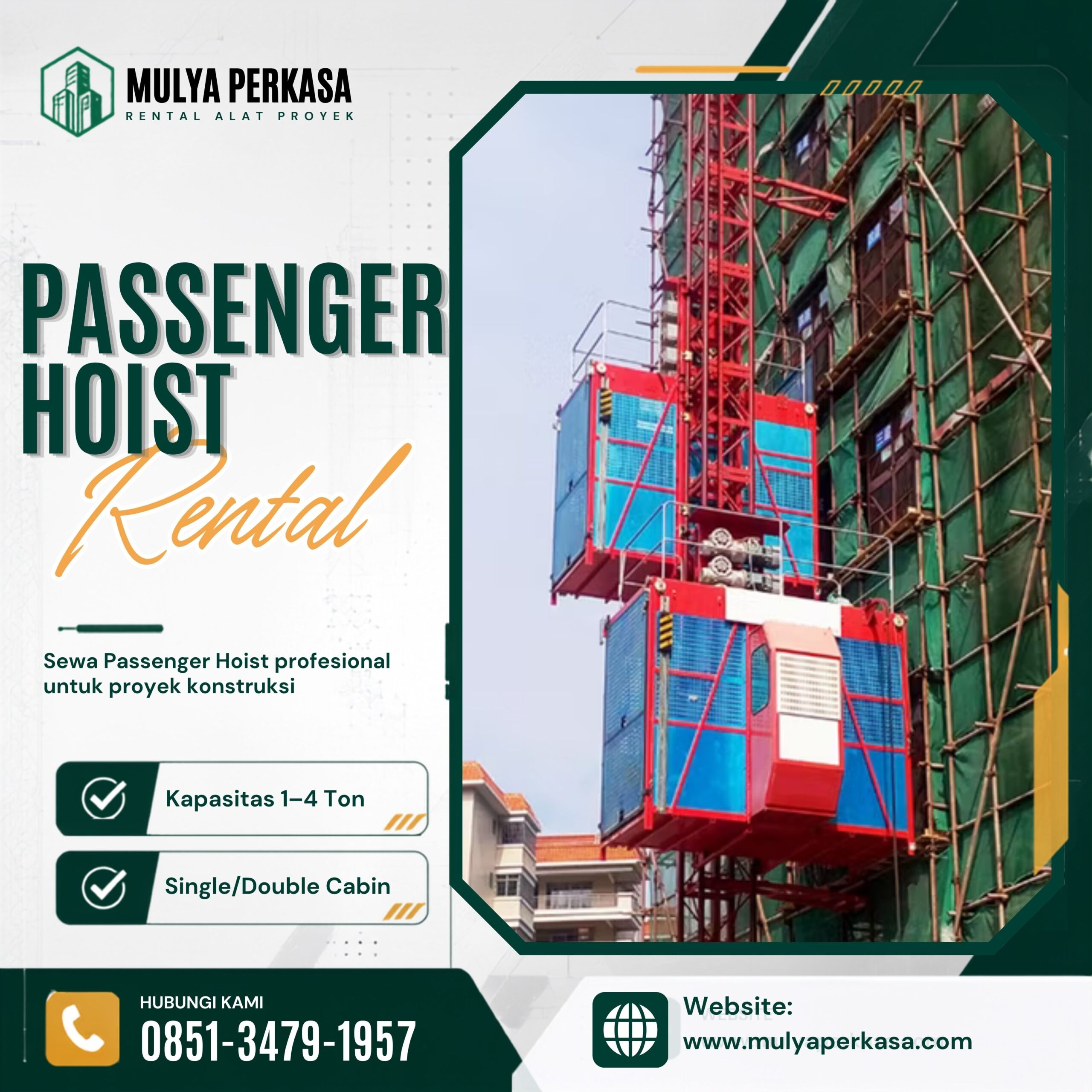 Sewa passenger hoist Yogyakarta dengan pilihan kapasitas lengkap.